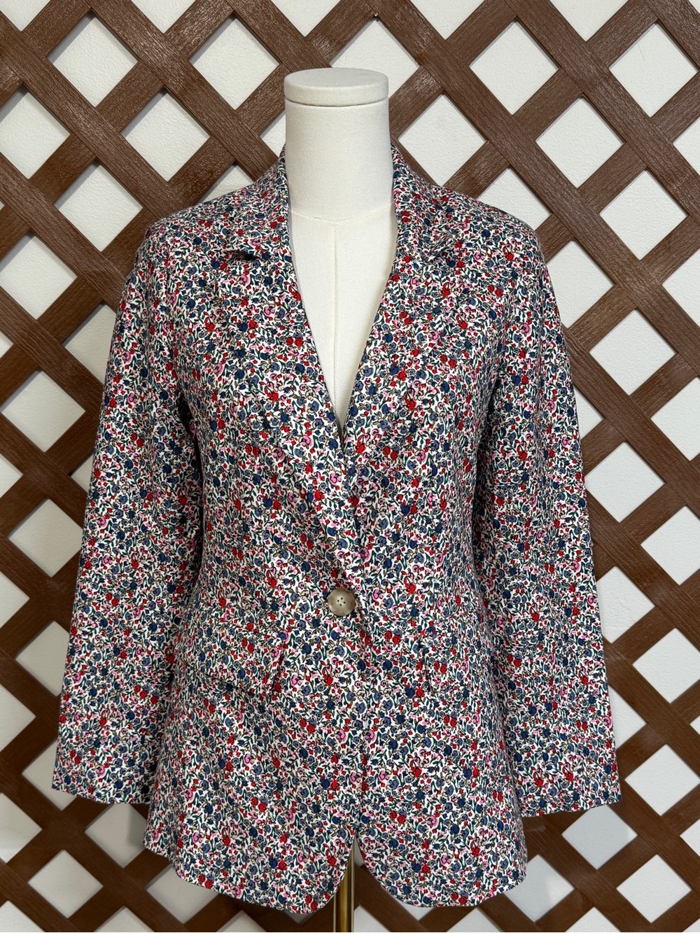 WBZ1 {LOFT} White Floral Print Cotton Blazer Suit Coat Jacket